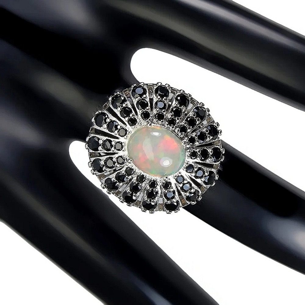 Unheated Oval Fire Opal 10x8mm‎ Black Spinel 925 Sterling Silver Ring SZ 7.25